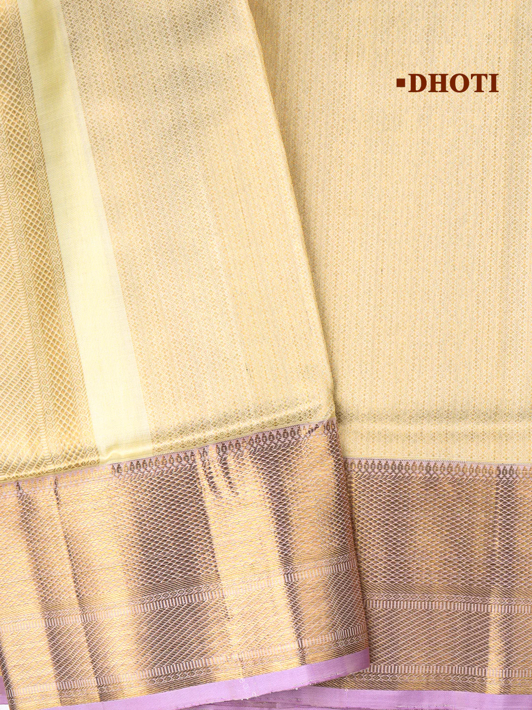 Men Elegant Premium Pure Silk Cream Dhoti & Towel Set with 6" inch Gold Jari Border Amirtham AM12 - Image 4