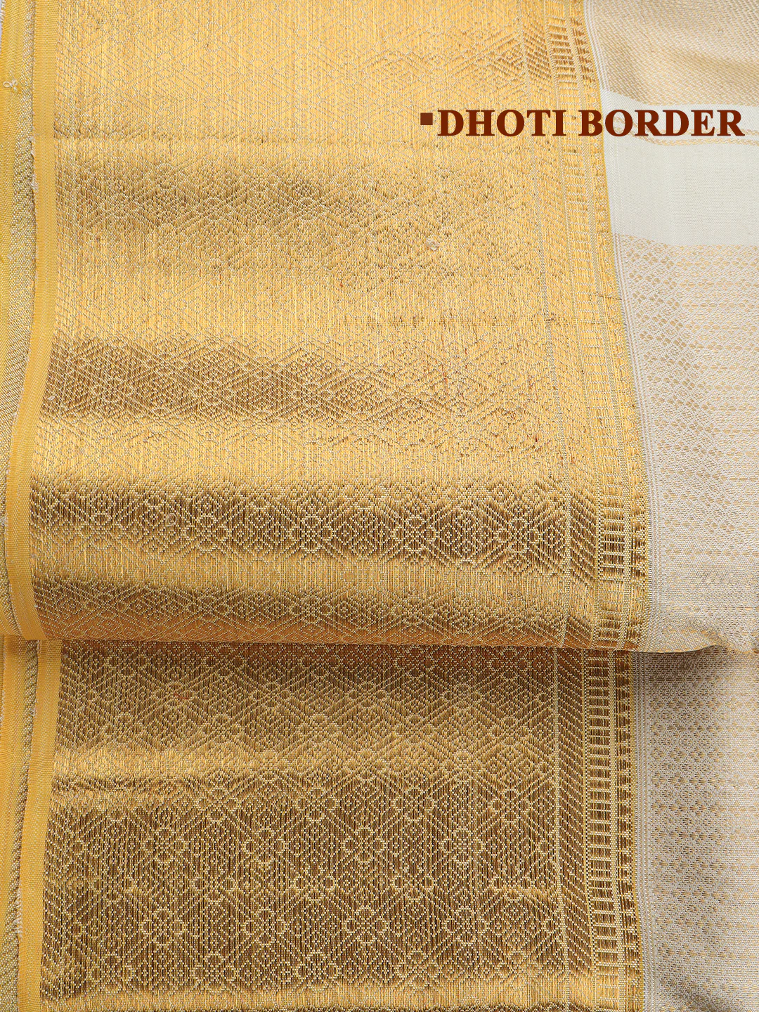 Men Elegant Premium Pure Silk Cream Dhoti & Towel Set with 6" inch Gold Jari Border Amirtham AM16 - Image 3
