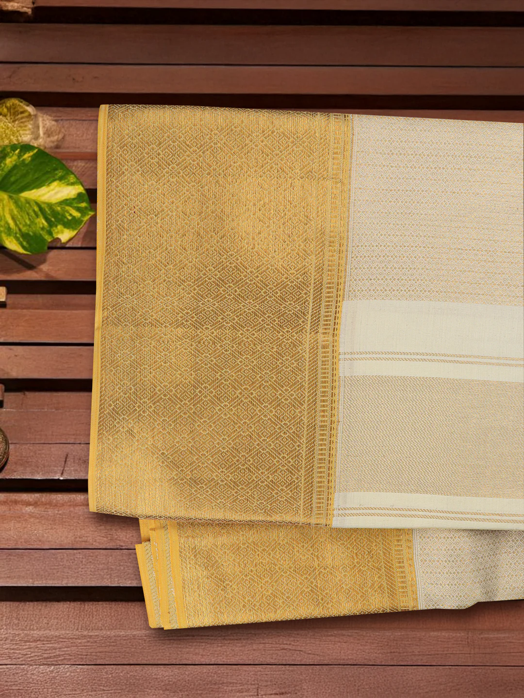 Men Elegant Premium Pure Silk Cream Dhoti & Towel Set with 6" inch Gold Jari Border Amirtham AM16 - Image 4