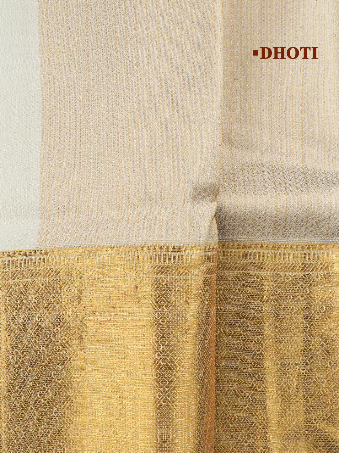 Men Elegant Premium Pure Silk Cream Dhoti & Towel Set with 6" inch Gold Jari Border Amirtham AM16 - Image 5