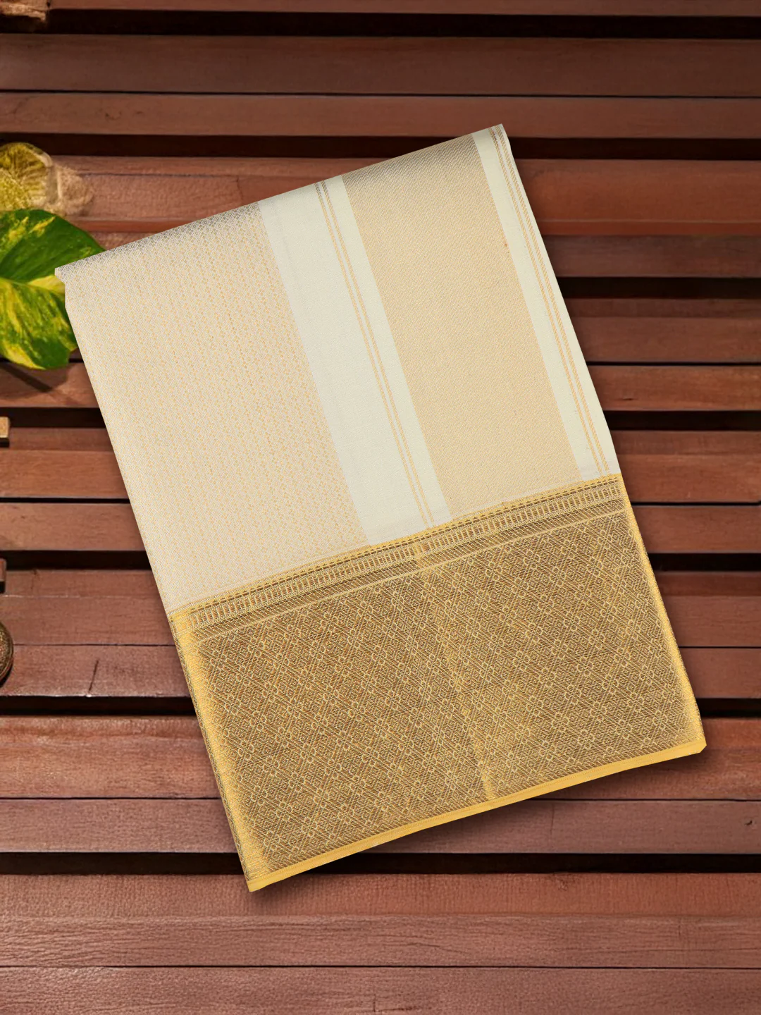 Men Elegant Premium Pure Silk Cream Dhoti & Towel Set with 6" inch Gold Jari Border Amirtham AM16 - Image 6