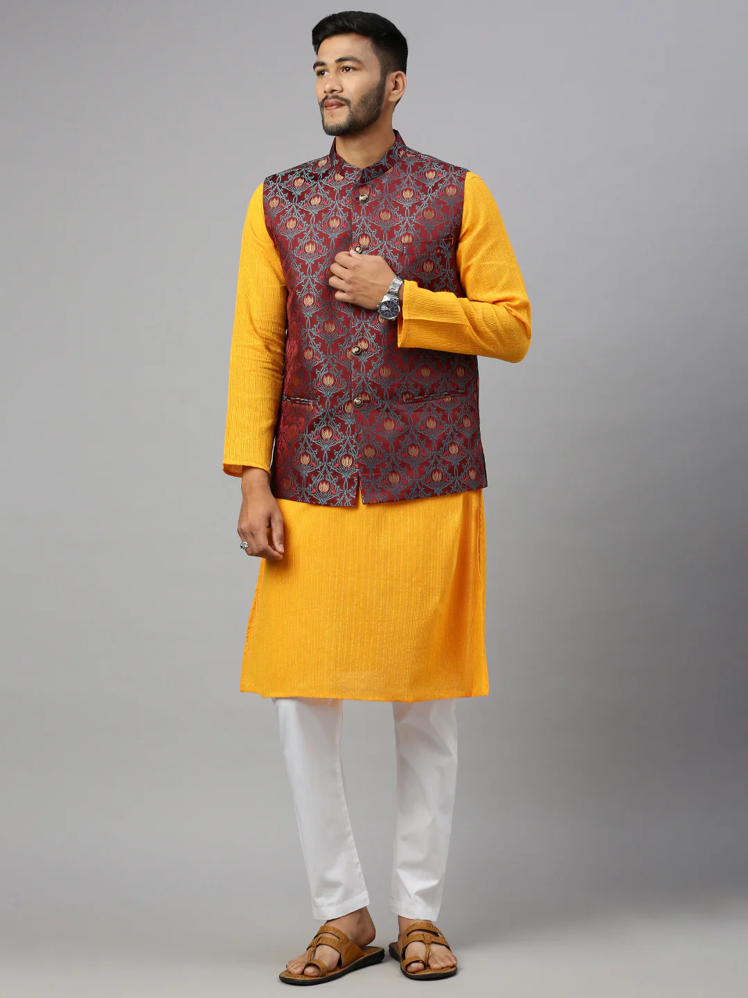 Men Ethnic Jacket Brownish Red JD21 - Image 3