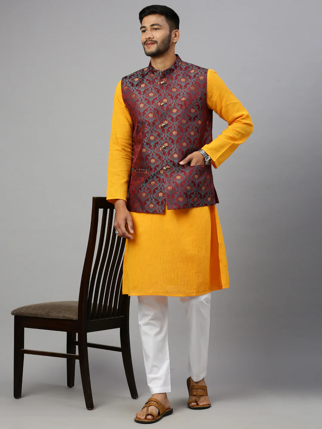 Men Ethnic Jacket Brownish Red JD21 - Image 4
