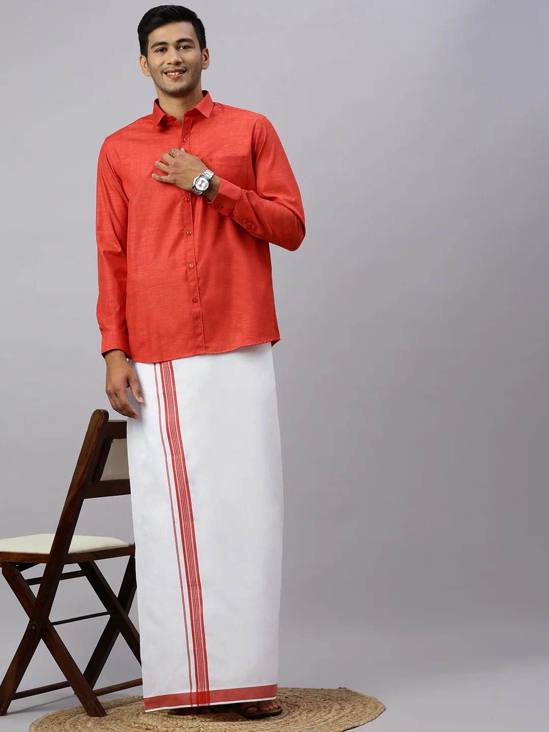 Men Evolution Bulgarian Red Matching Border Dhoti & Full Sleeves Shirt Set - Image 2