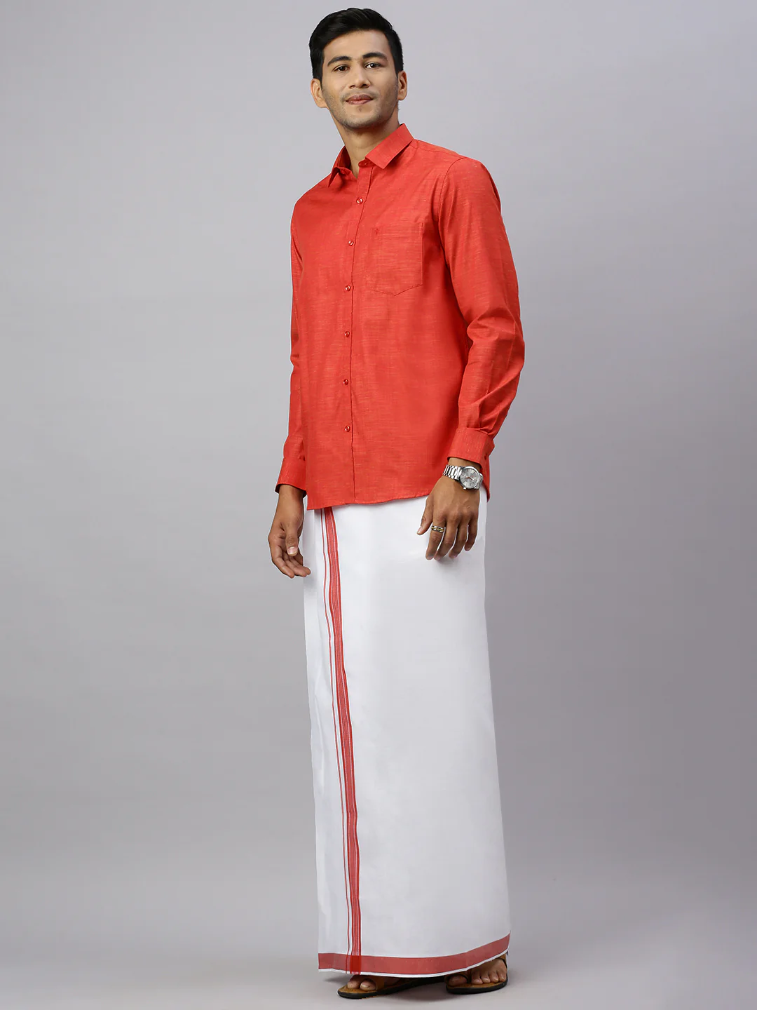 Men Evolution Bulgarian Red Matching Border Dhoti & Full Sleeves Shirt Set - Image 3