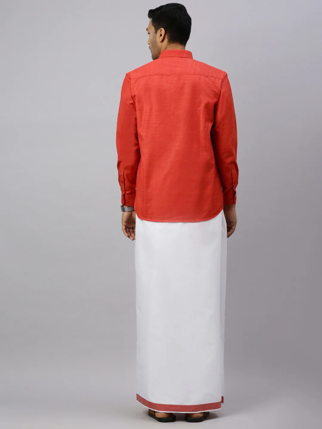 Men Evolution Bulgarian Red Matching Border Dhoti & Full Sleeves Shirt Set - Image 5