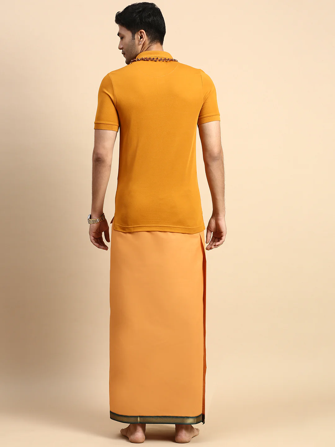 Men Devotional Mayilkhan Border Dhoti & TShirt Set Kaavi EP41 - Image 3