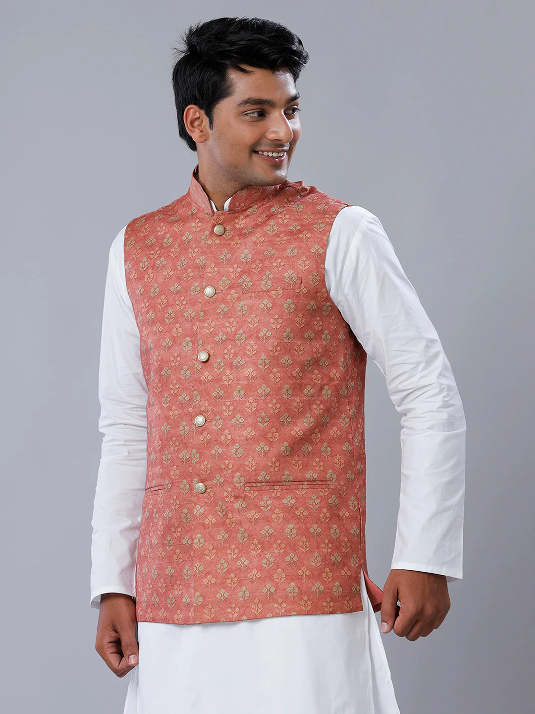 Men Flower Printed Ethnic Jacket Pink JC2 - Image 2