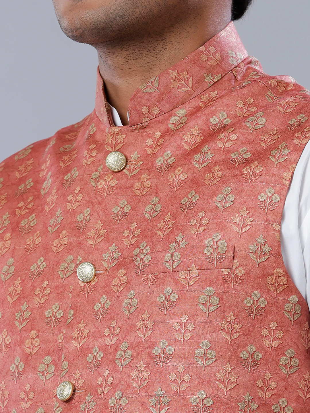 Men Flower Printed Ethnic Jacket Pink JC2 - Image 4