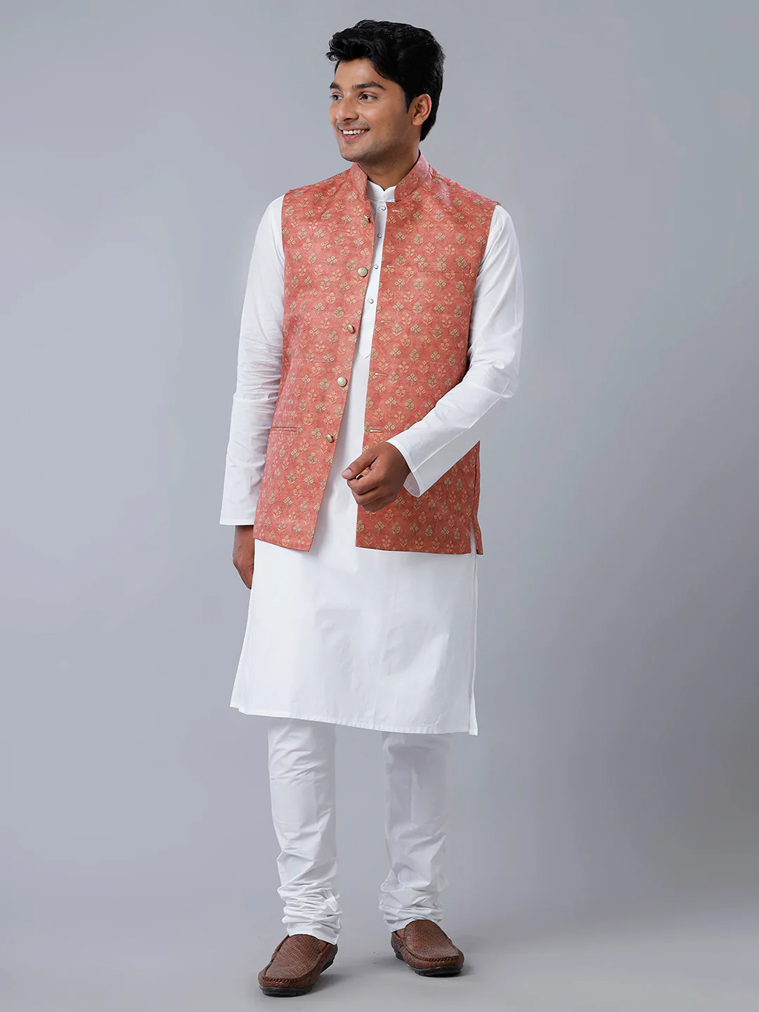 Men Flower Printed Ethnic Jacket Pink JC2 - Image 5