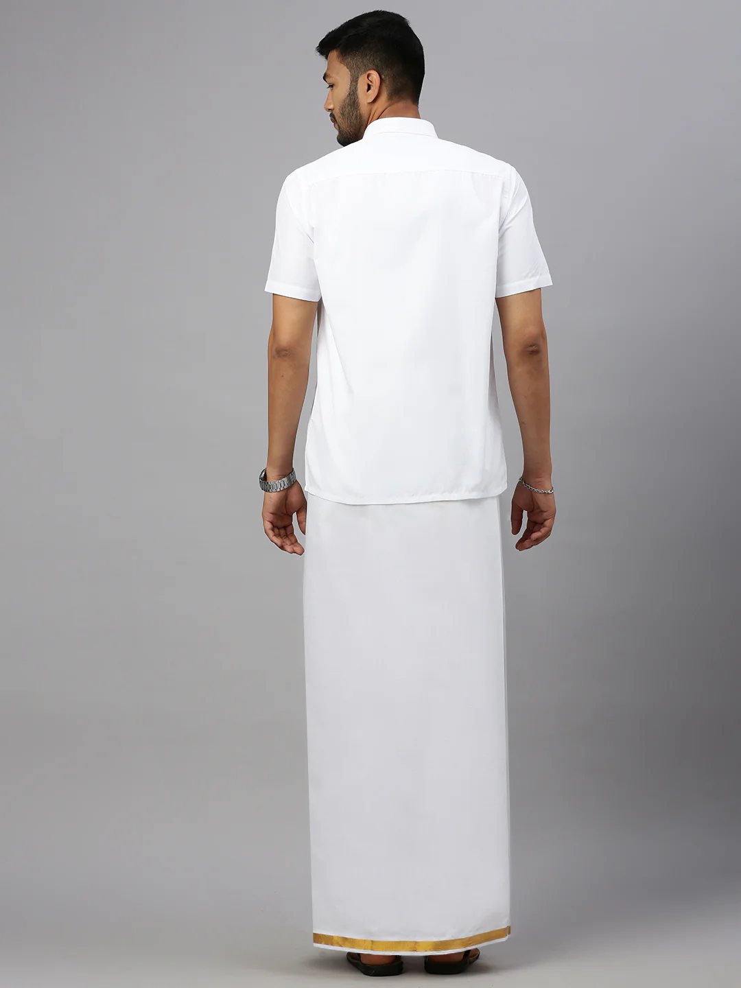 Men Formal Half Sleeve White Shirt with 1'' Inch Gold Jari Border Single Layer Dhoti Combo - Image 3