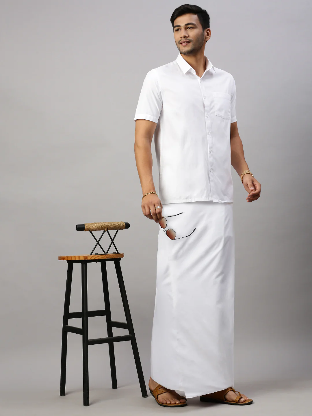 Men Formal White Shirt with Paramas Dhoti Combo - Image 2