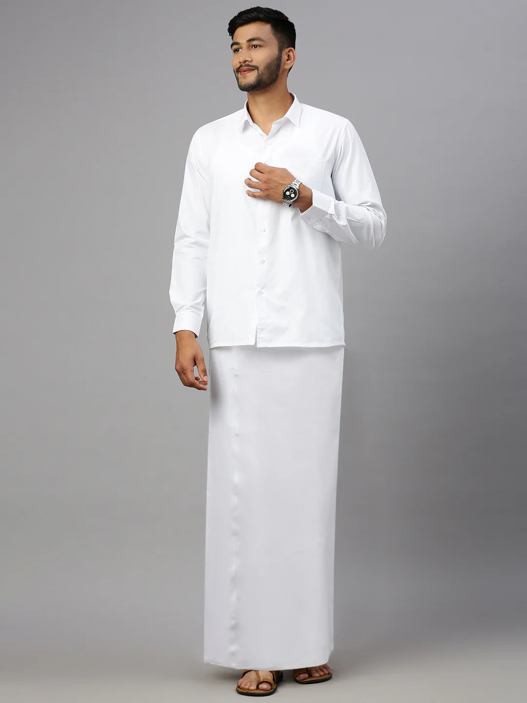 Men Formal White Shirt with Paramas Dhoti Combo - Image 3