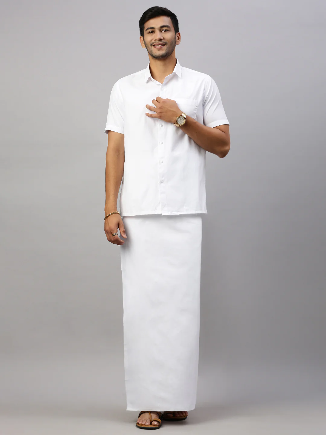 Men Formal White Shirt with Paramas Dhoti Combo - Image 4