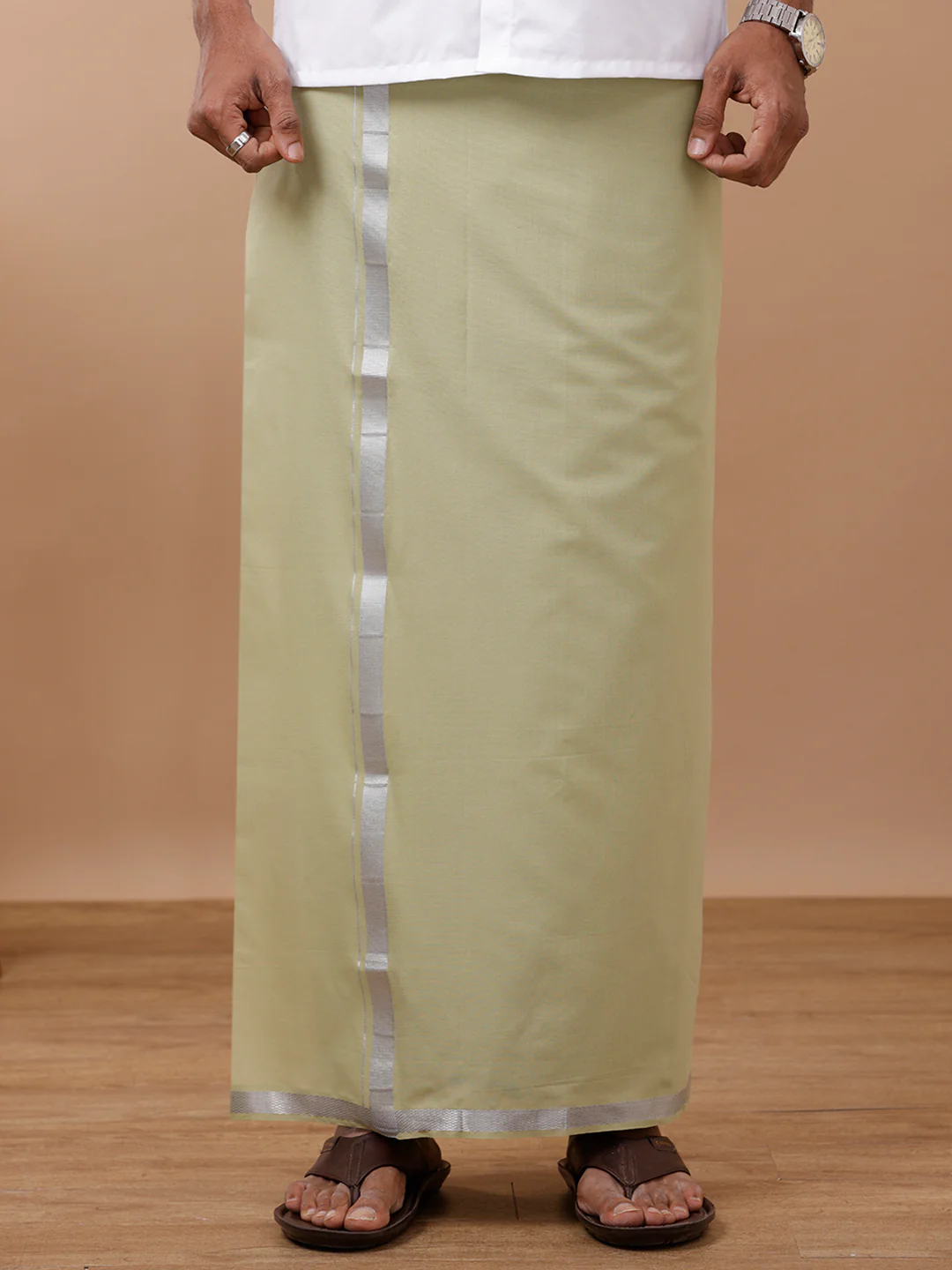 Men Formal White Shirt with Single Layer Light Green Dhoti Combo - Image 3