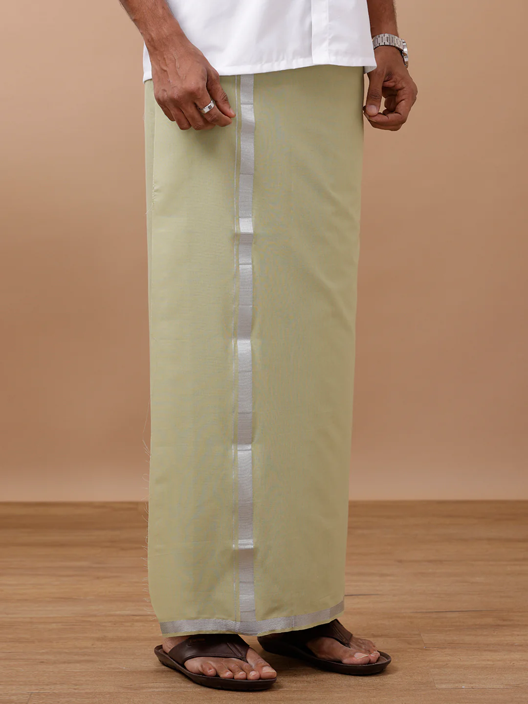 Men Formal White Shirt with Single Layer Light Green Dhoti Combo - Image 6