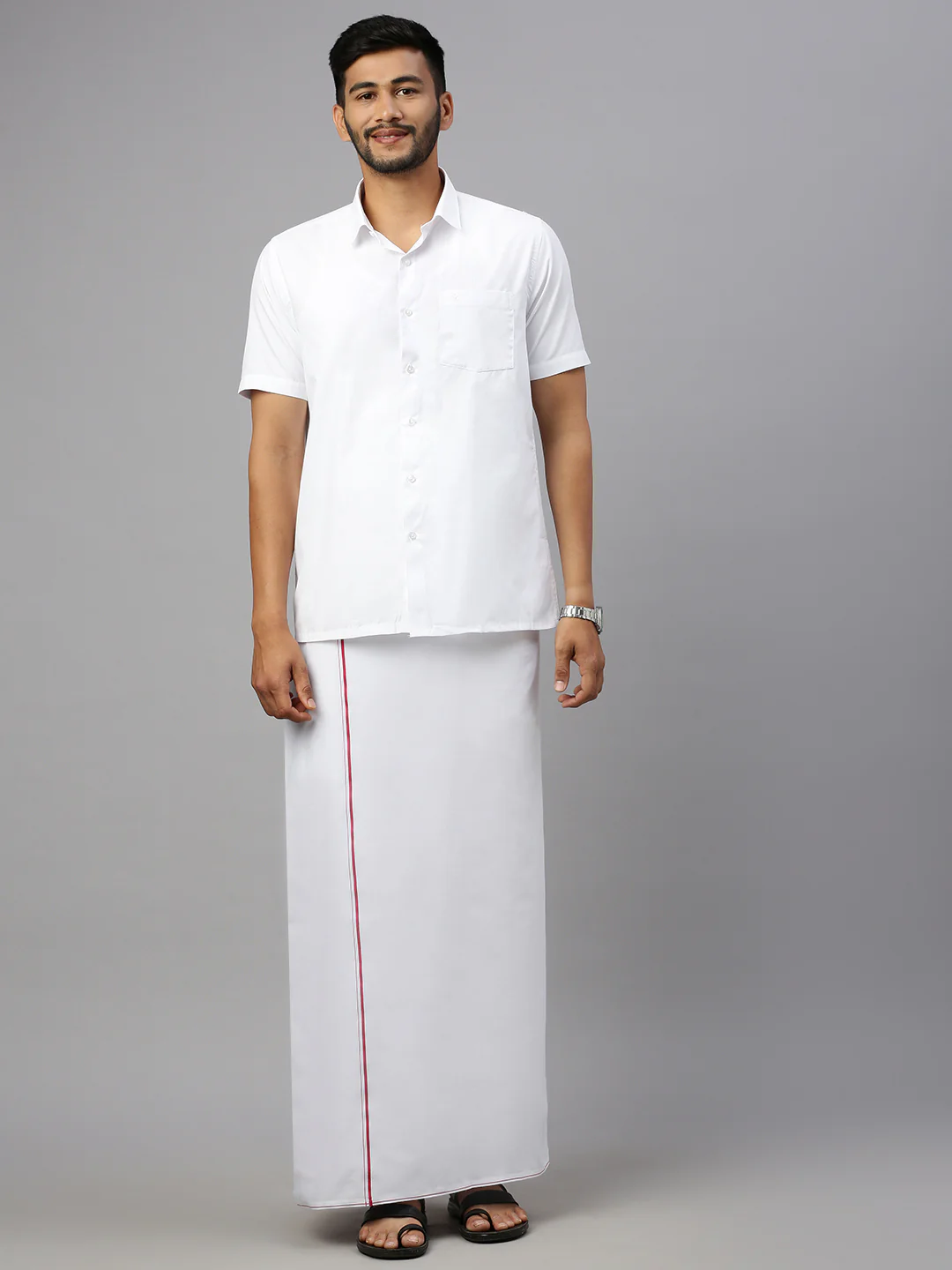 Men Formal White Shirt with Small Border Dhoti Combo - Image 2