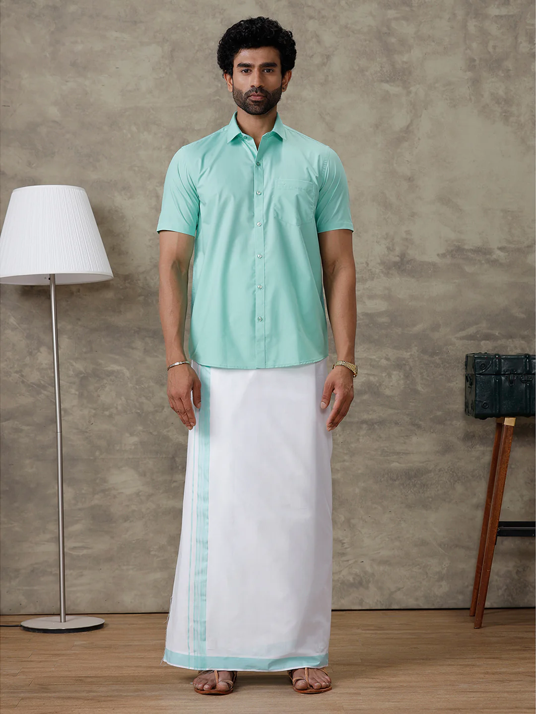 Men Fountain Blue Shirt With Matching Border Dhoti Set Trendy - Image 2