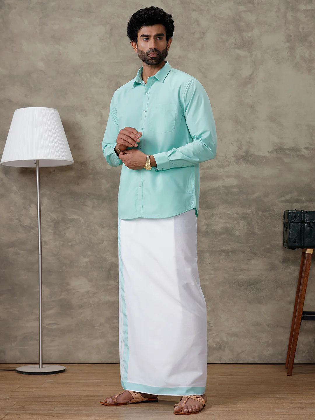 Men Fountain Blue Shirt With Matching Border Dhoti Set Trendy - Image 3