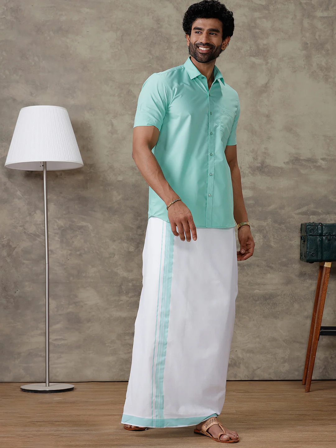 Men Fountain Blue Shirt With Matching Border Dhoti Set Trendy - Image 5