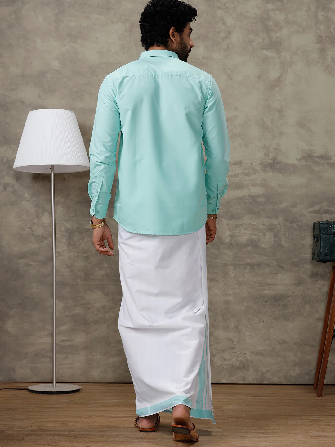 Men Fountain Blue Shirt With Matching Border Dhoti Set Trendy - Image 6