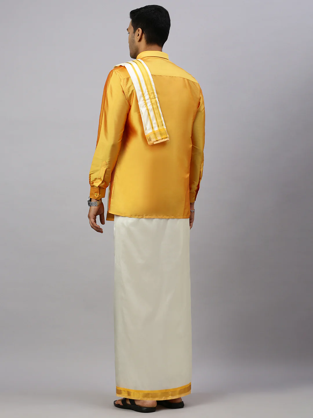 Men Full Sleeves Golden Yellow Shirt with Matching Border Cream Dhoti & Towel Set K6 - Image 3