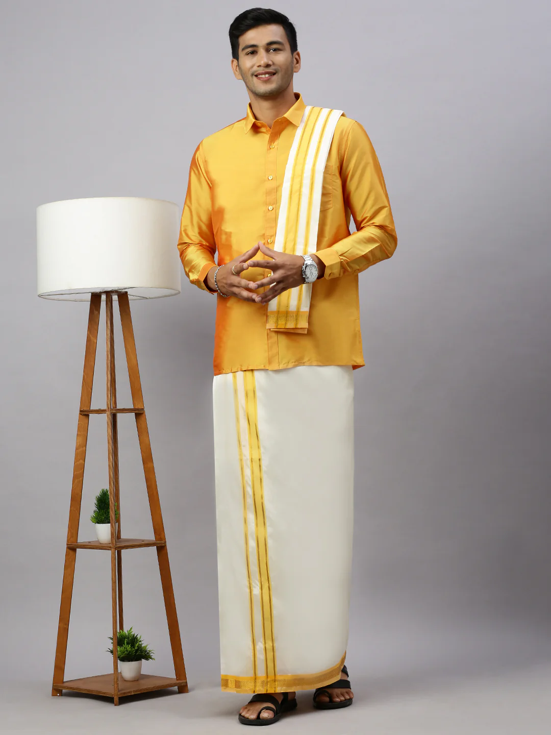Men Full Sleeves Golden Yellow Shirt with Matching Border Cream Dhoti & Towel Set K6 - Image 4