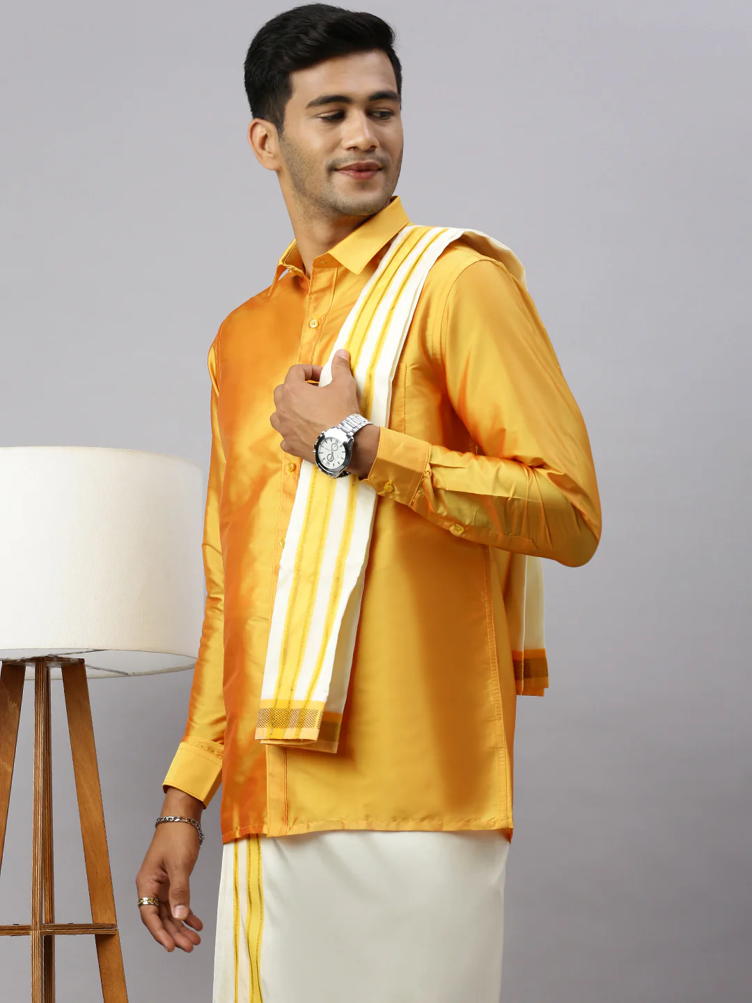 Men Full Sleeves Golden Yellow Shirt with Matching Border Cream Dhoti & Towel Set K6 - Image 5