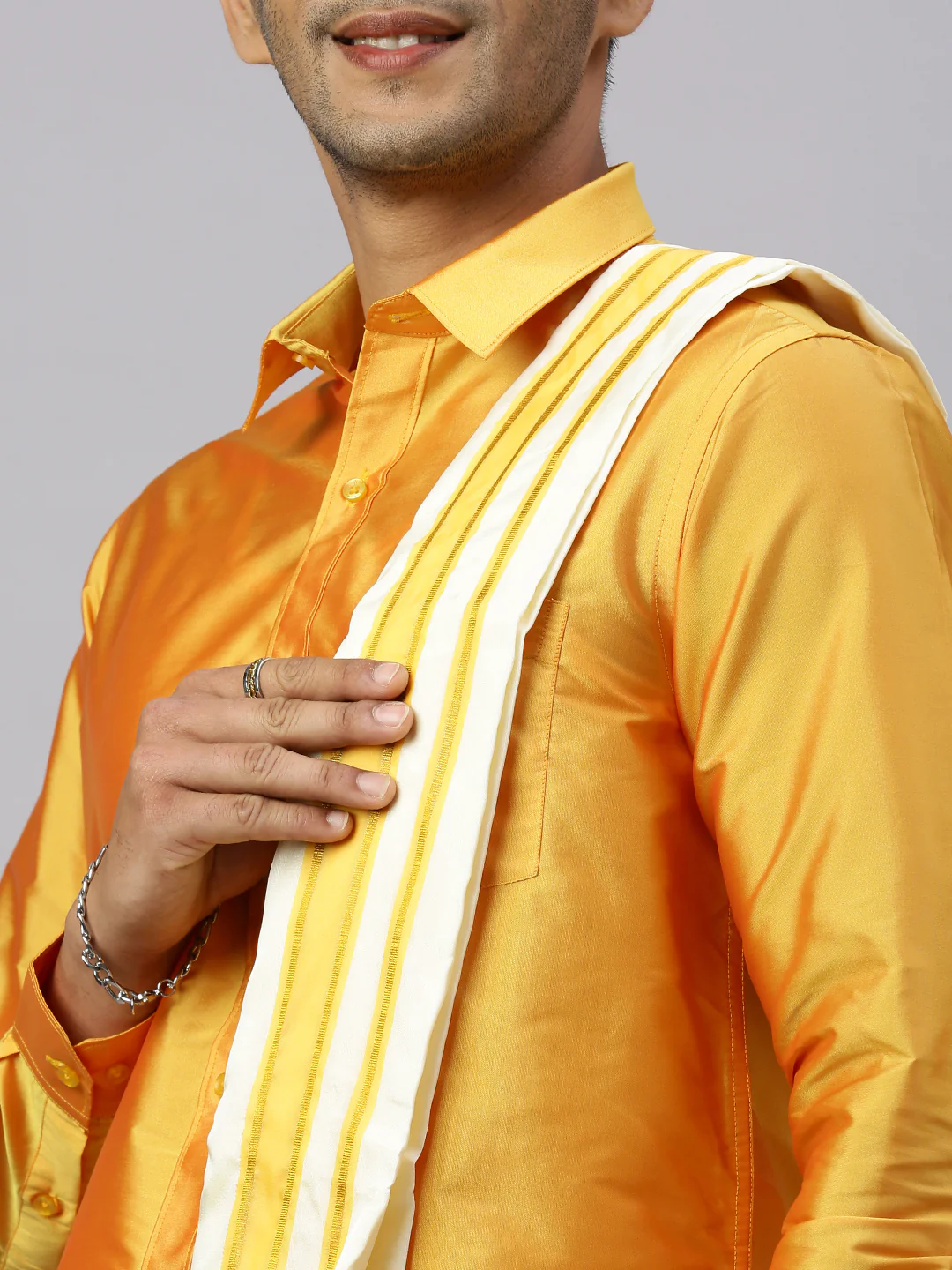 Men Full Sleeves Golden Yellow Shirt with Matching Border Cream Dhoti & Towel Set K6 - Image 6