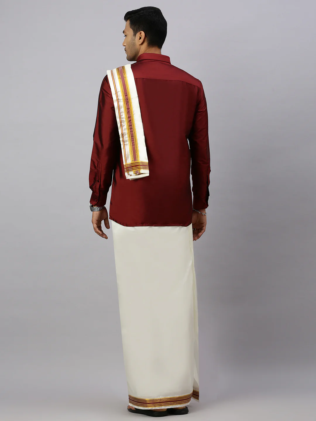 Men Full Sleeves Maroon Shirt with Matching Border Cream Dhoti & Towel Set K7 - Image 3