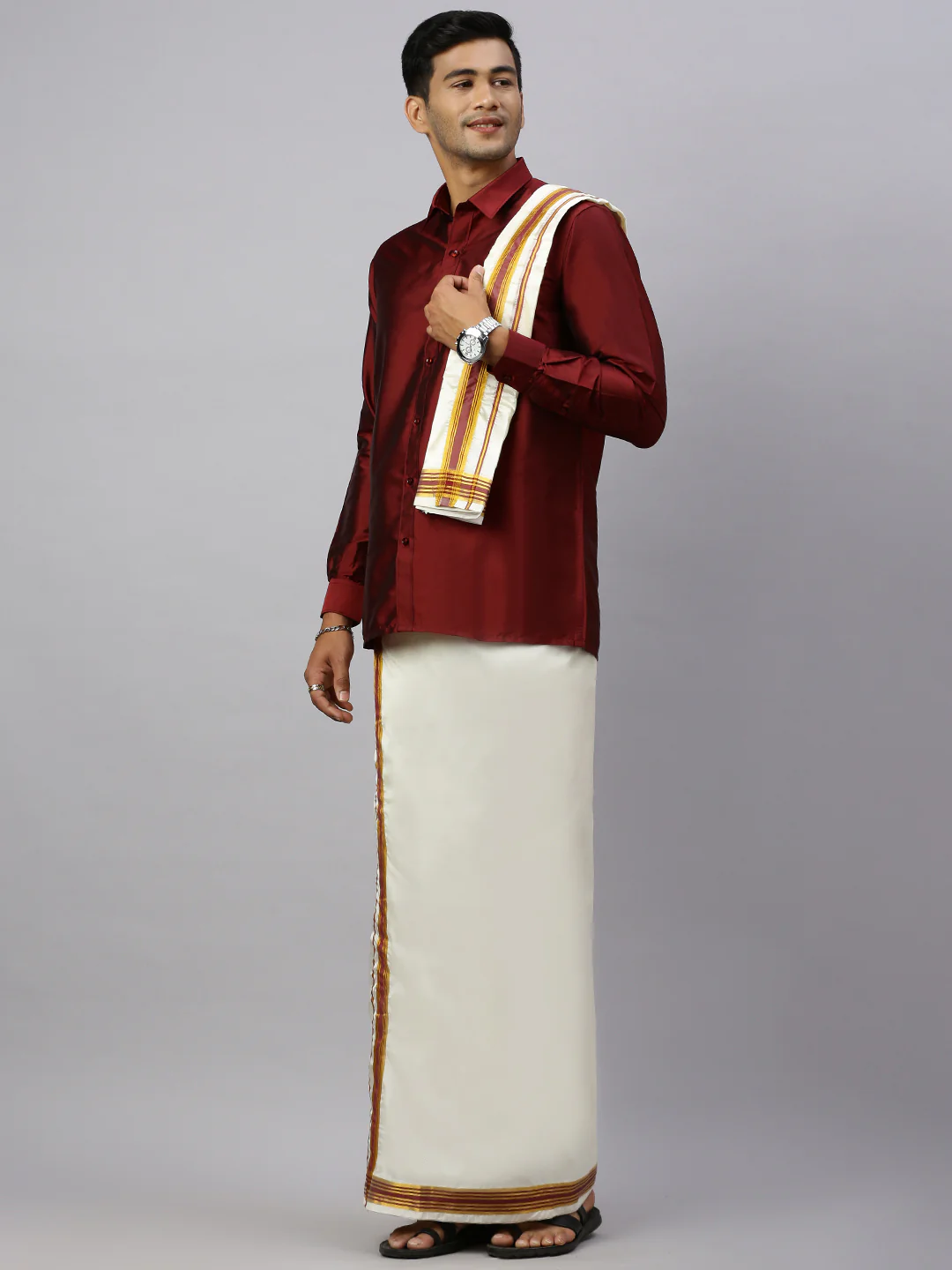 Men Full Sleeves Maroon Shirt with Matching Border Cream Dhoti & Towel Set K7 - Image 4