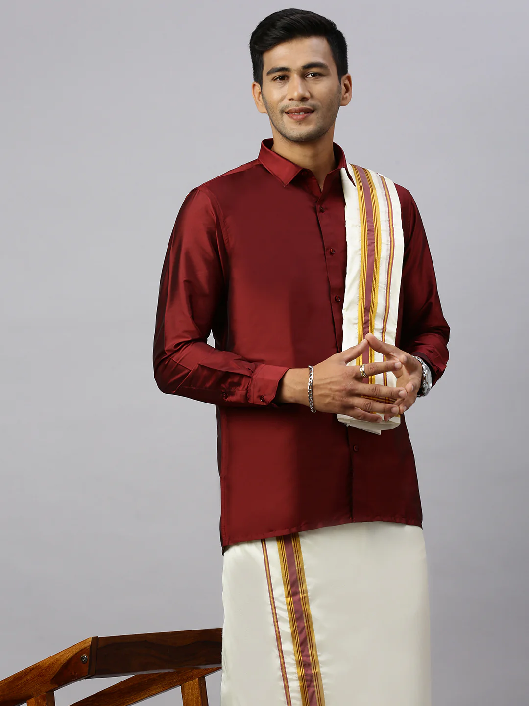 Men Full Sleeves Maroon Shirt with Matching Border Cream Dhoti & Towel Set K7 - Image 5