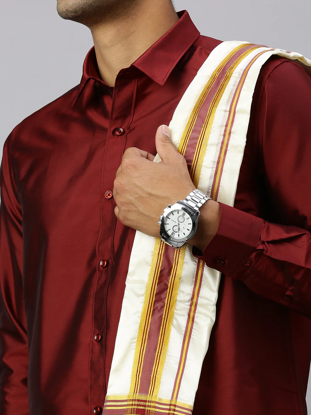 Men Full Sleeves Maroon Shirt with Matching Border Cream Dhoti & Towel Set K7 - Image 6