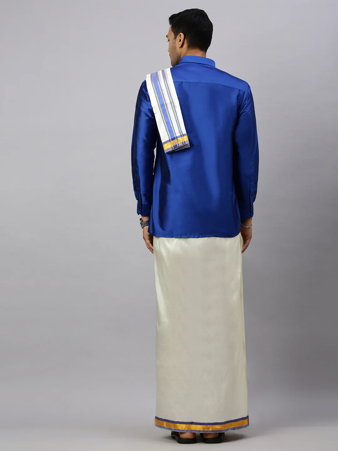 Men Full Sleeves Poster Blue Shirt with Matching Border Cream Dhoti & Towel Set K5 - Image 3