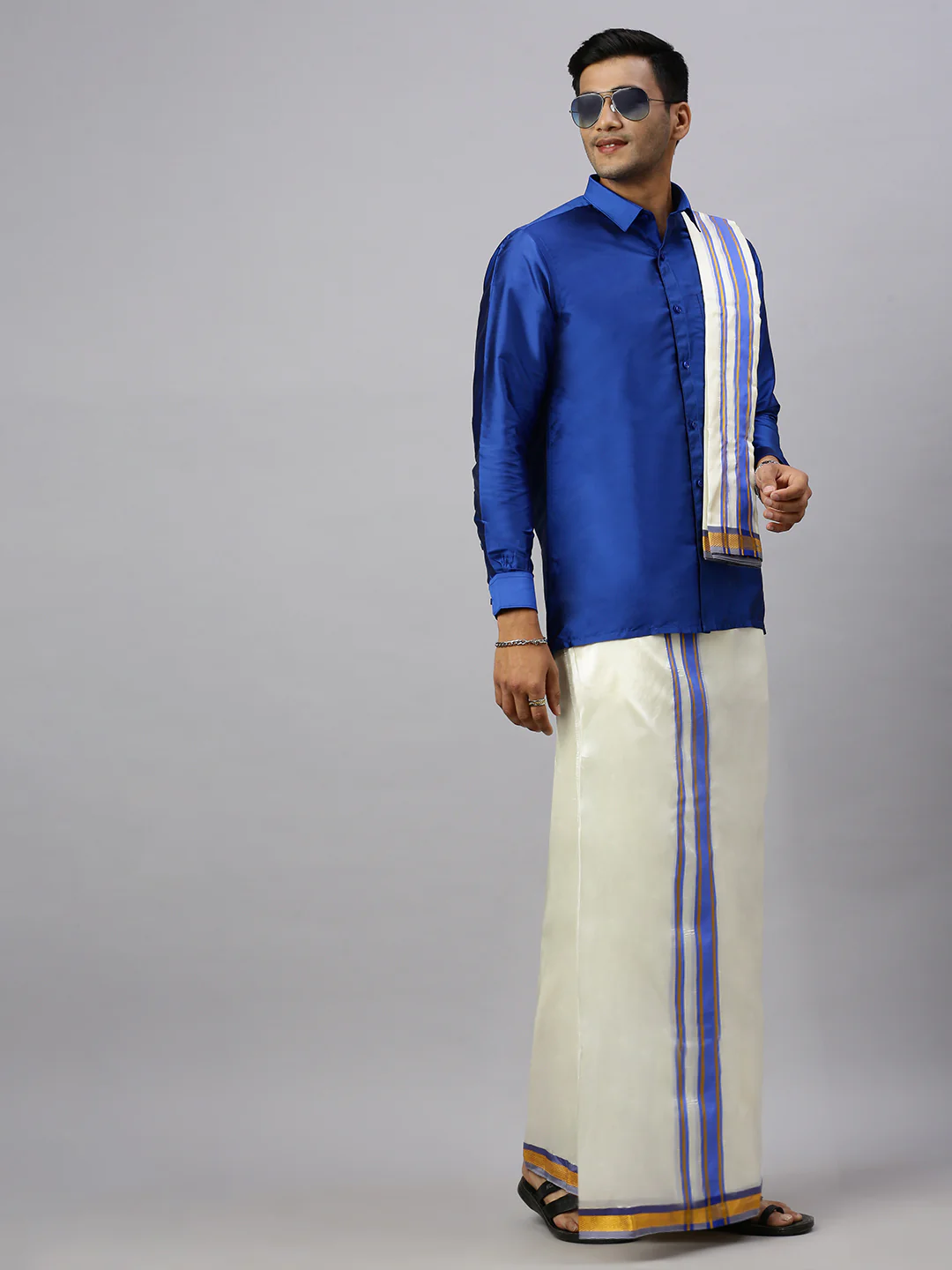 Men Full Sleeves Poster Blue Shirt with Matching Border Cream Dhoti & Towel Set K5 - Image 4