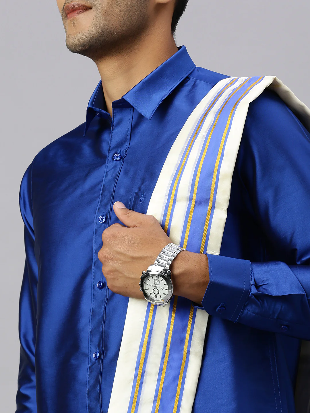 Men Full Sleeves Poster Blue Shirt with Matching Border Cream Dhoti & Towel Set K5 - Image 6