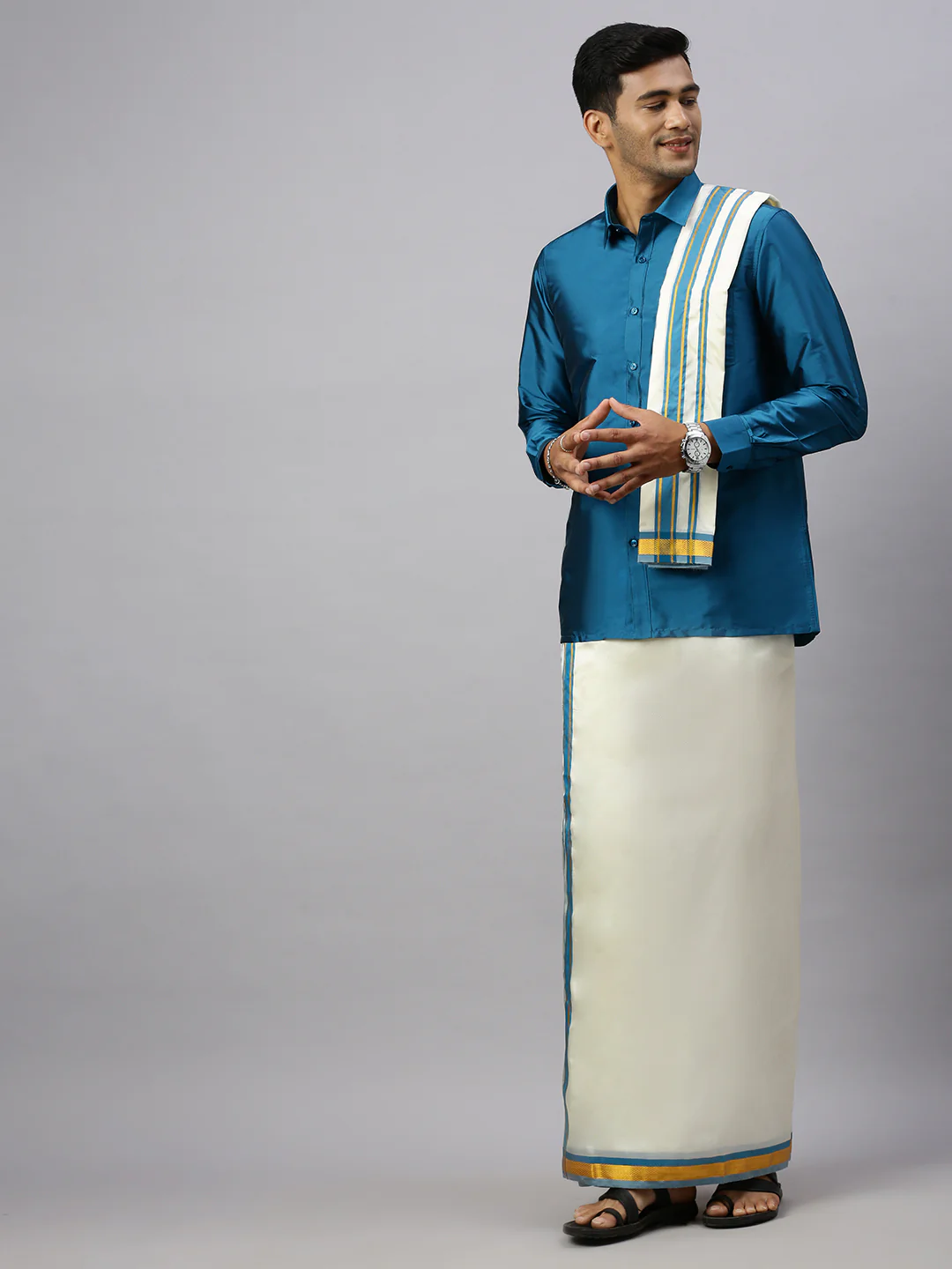 Men Full Sleeves Ramar Blue Shirt with Matching Border Cream Dhoti & Towel Set K1 - Image 4