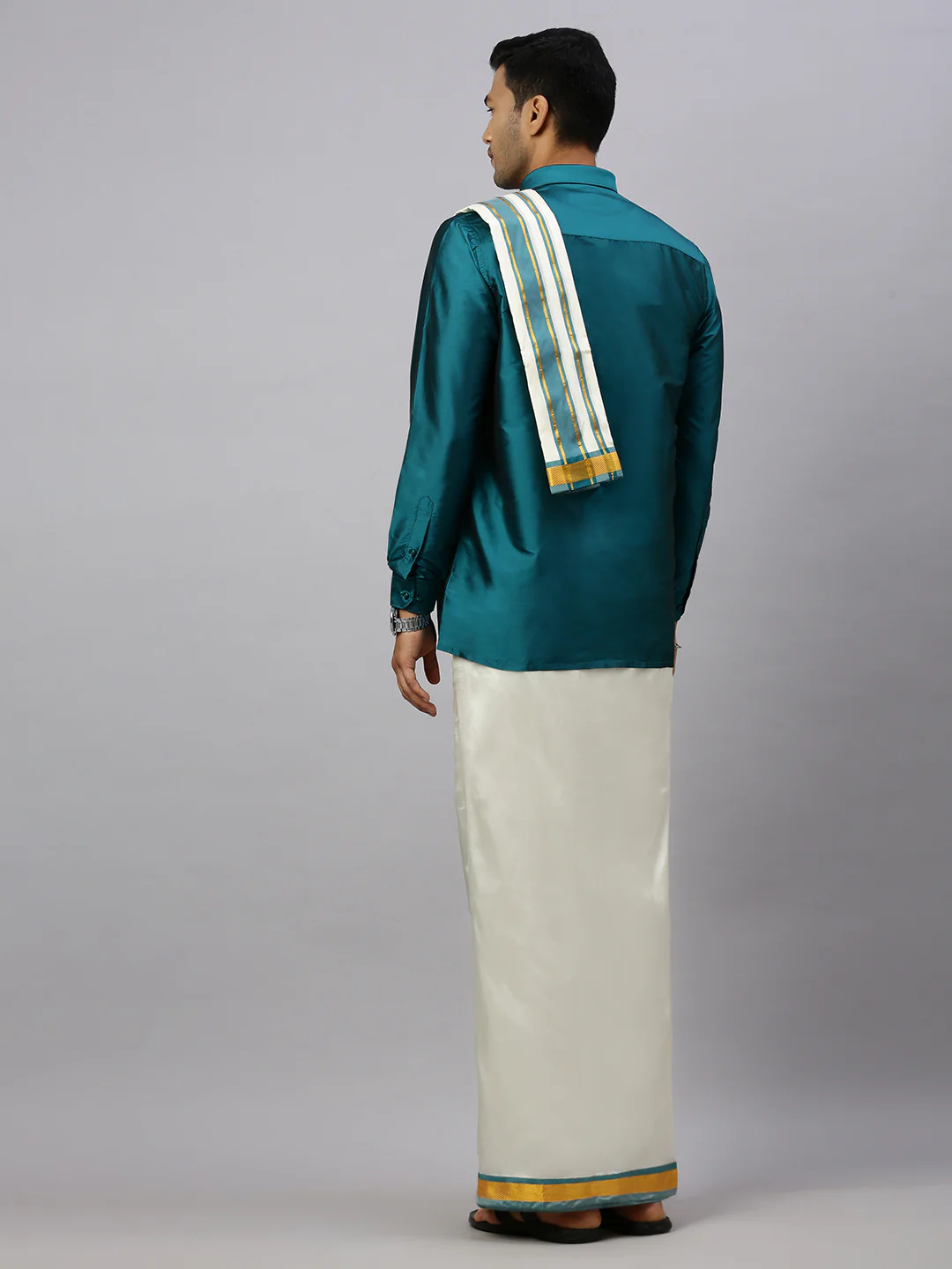 Men Full Sleeves Ramar Green Shirt with Matching Border Cream Dhoti & Towel Set K3 - Image 3