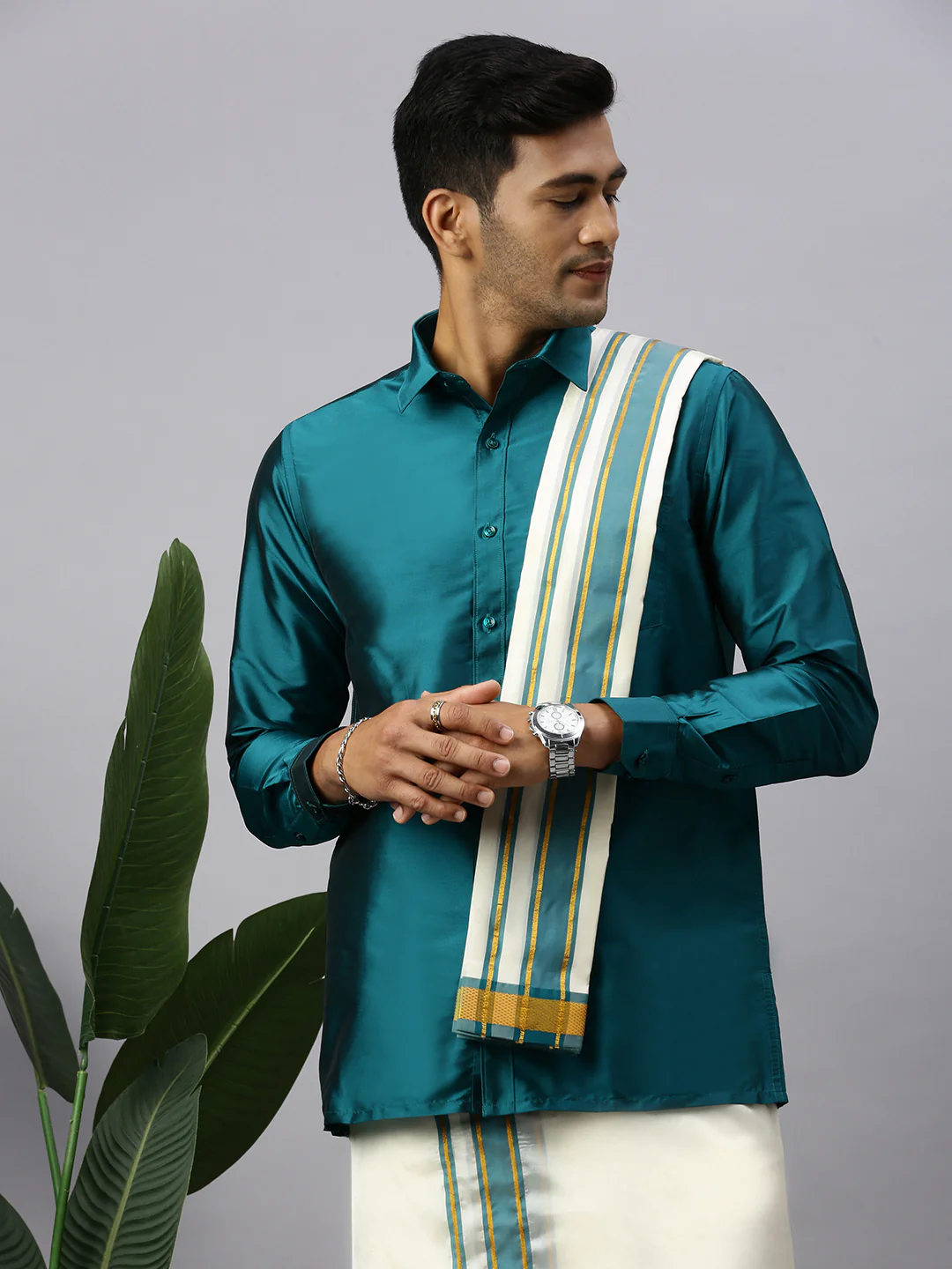 Men Full Sleeves Ramar Green Shirt with Matching Border Cream Dhoti & Towel Set K3 - Image 4