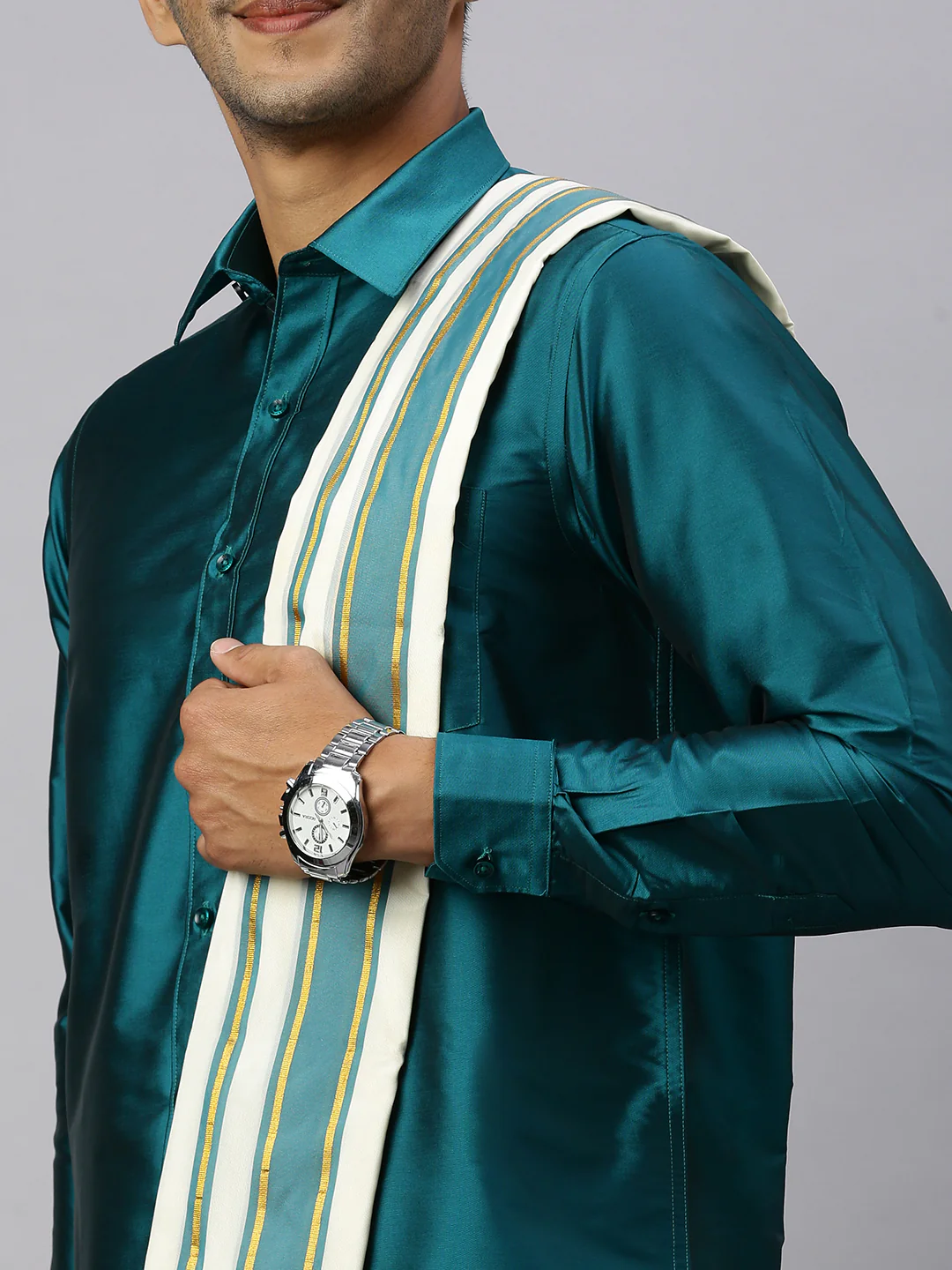 Men Full Sleeves Ramar Green Shirt with Matching Border Cream Dhoti & Towel Set K3 - Image 6