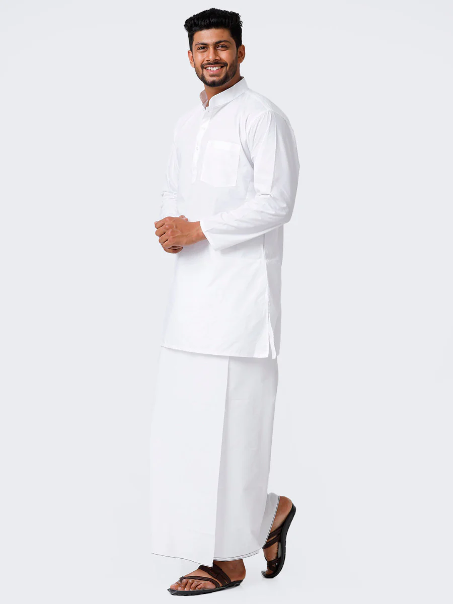 Men Full Sleeves White Kurta with Prayer Dhoti Combo Alharam - Image 4