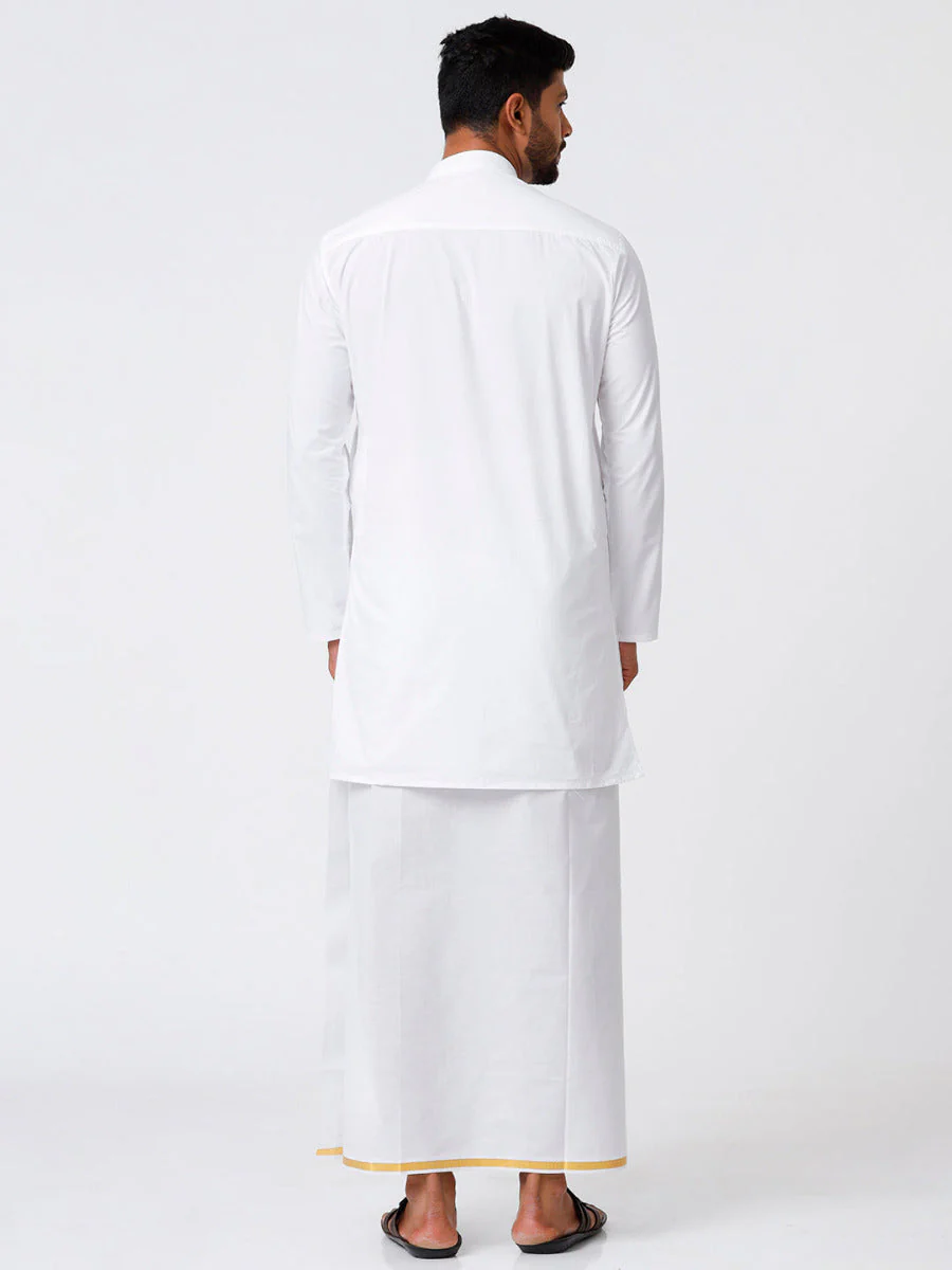 Men Full Sleeves White Medium Kurta with 1/2" inch Gold Jari Border Dhoti Combo - Image 4