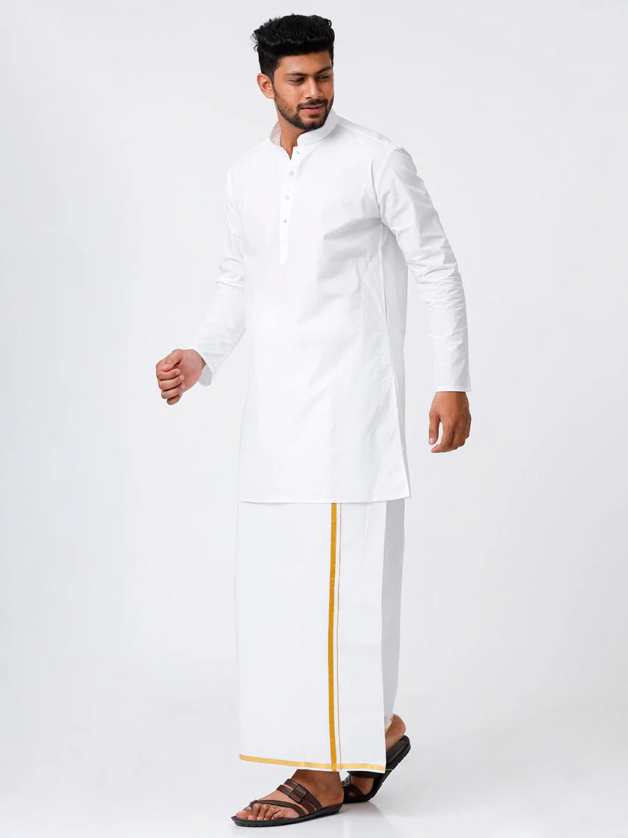 Men Full Sleeves White Medium Kurta with 1/2" inch Gold Jari Border Dhoti Combo - Image 5