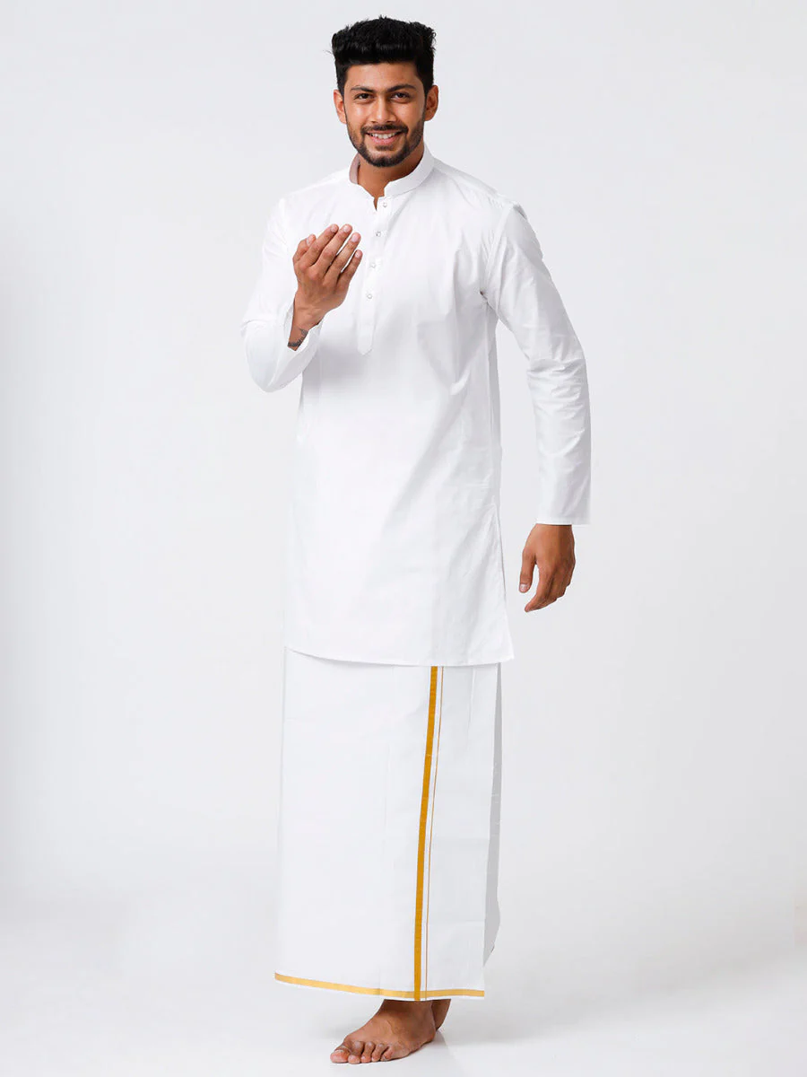 Men Full Sleeves White Medium Kurta with 1/2" inch Gold Jari Border Dhoti Combo - Image 6