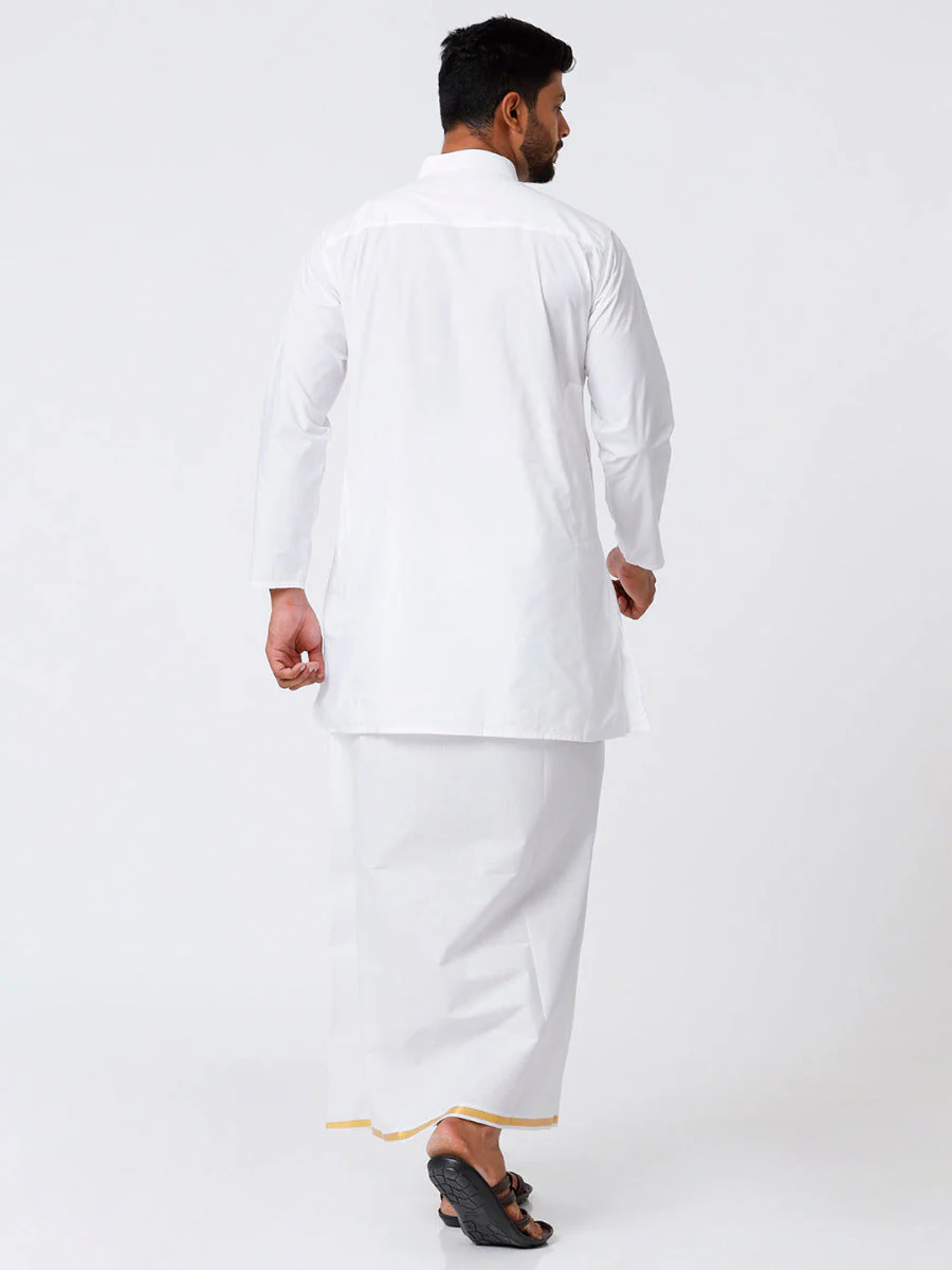 Men Full Sleeves White Medium Kurta with 1/2" inch Gold Jari Border Dhoti Combo - Image 4
