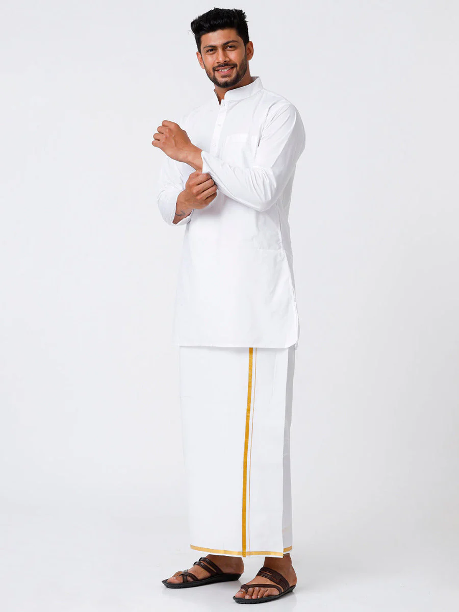Men Full Sleeves White Medium Kurta with 1/2" inch Gold Jari Border Dhoti Combo - Image 5