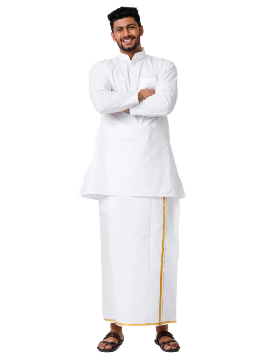 Men Full Sleeves White Medium Kurta with 1/2" inch Gold Jari Border Dhoti Combo - Image 6