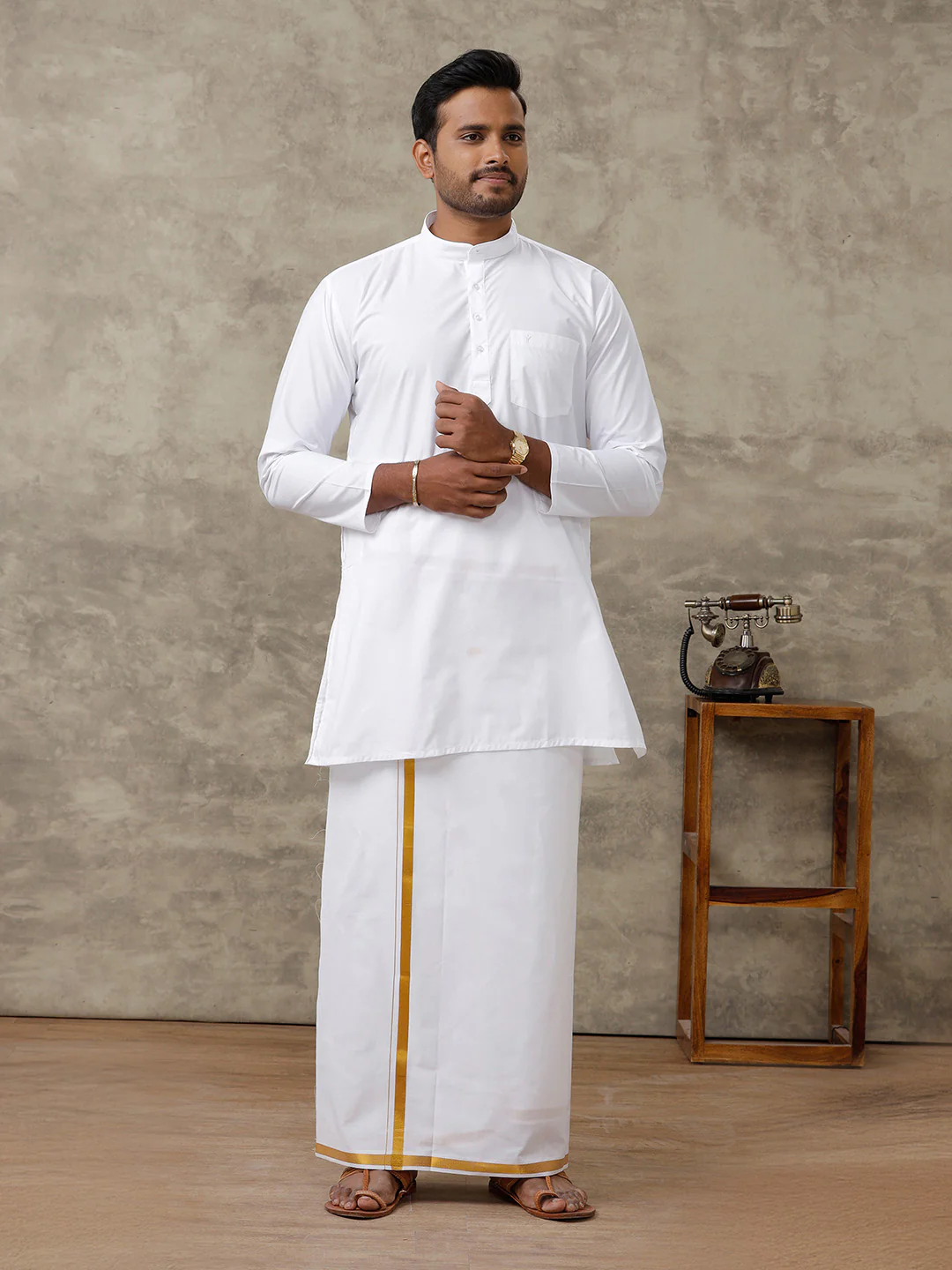 Men Full Sleeves White Medium Length Kurta with 3/4" inch Gold Jari Dhoti Combo - Image 3