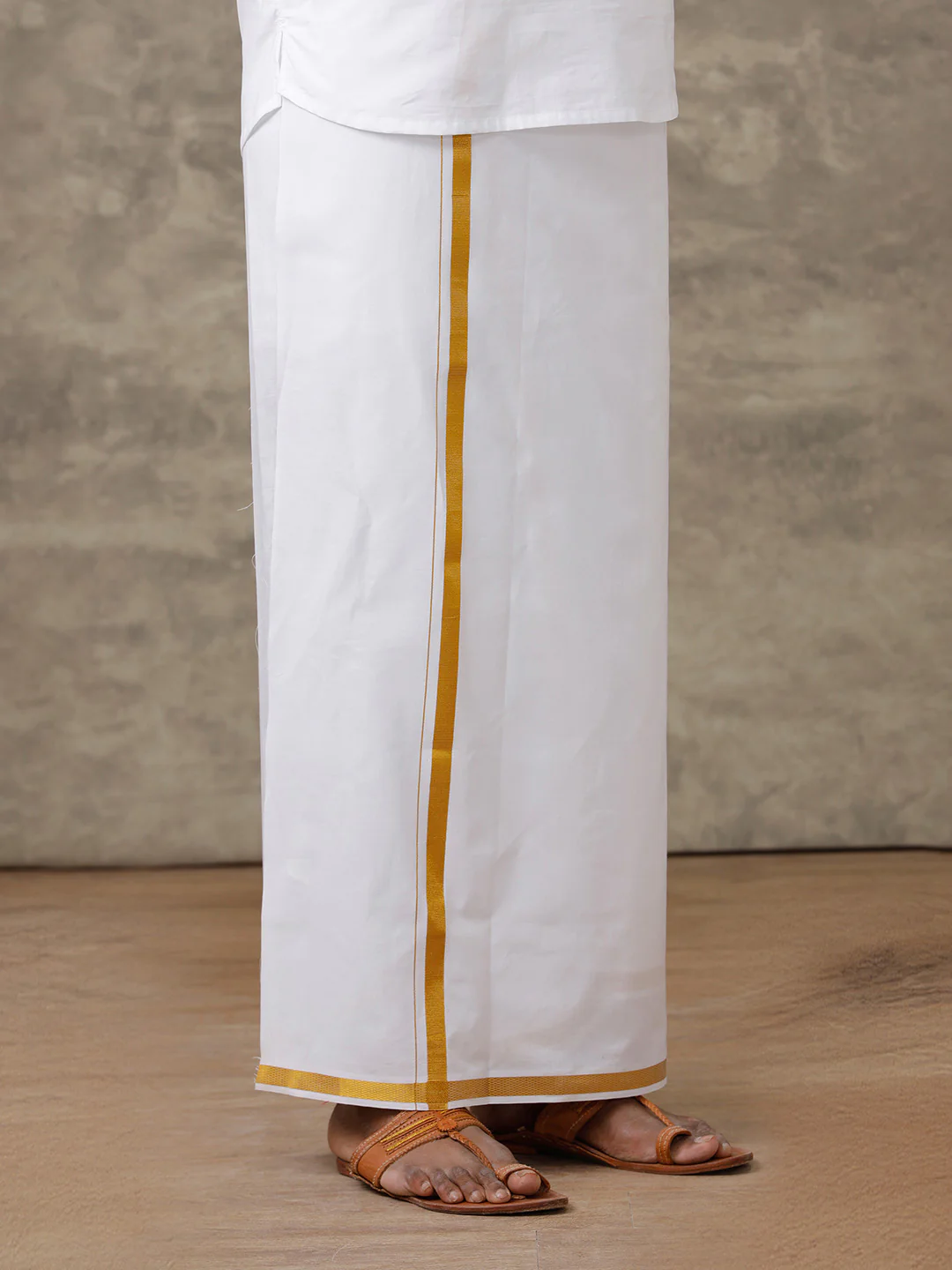 Men Full Sleeves White Medium Length Kurta with 3/4" inch Gold Jari Dhoti Combo - Image 4