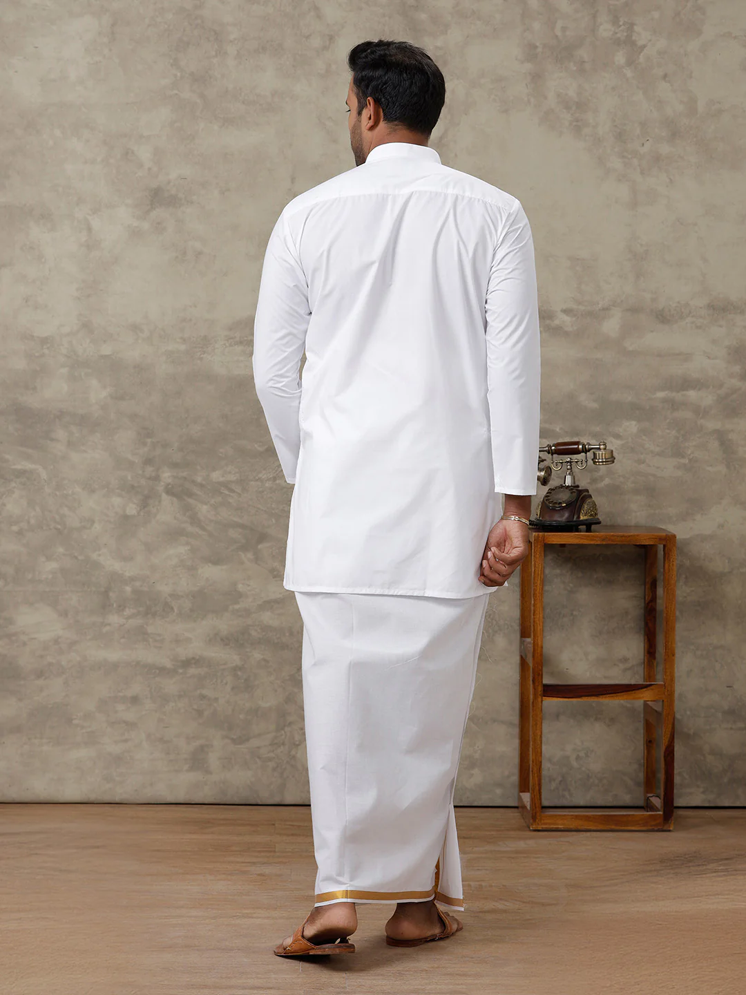 Men Full Sleeves White Medium Length Kurta with 3/4" inch Gold Jari Dhoti Combo - Image 5